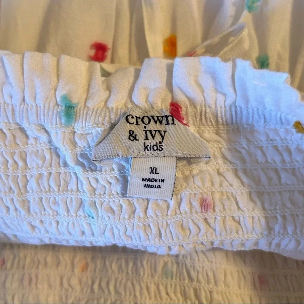Crown And Ivy Girls Size XL Smocked Tiered Dress White & Multicolored Tassel Pom